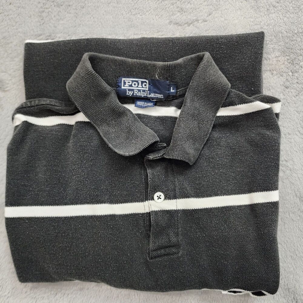 VTG Polo Ralph Lauren Mens Sz L Black & White Stripes 100 Cotton USA Made Pocket